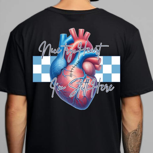 Nice Try Heart (Design on Front) Blue Checkered Cursive