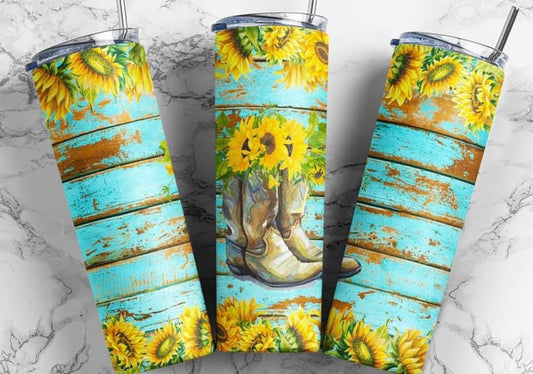 Aqua Boots & Sunflowers Tumbler